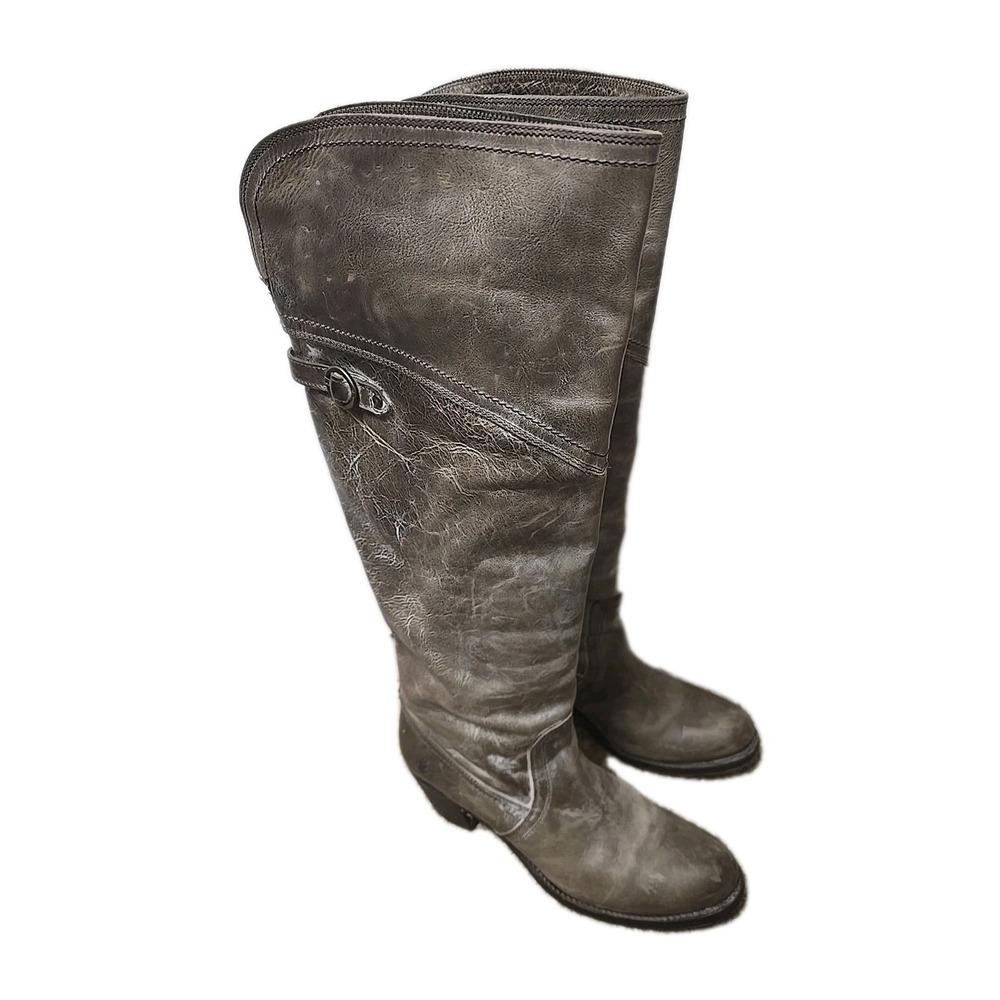 Frye Jane Tall Cuff Leather Boots Women 77594 Distressed Grey Fold Over Moto 10